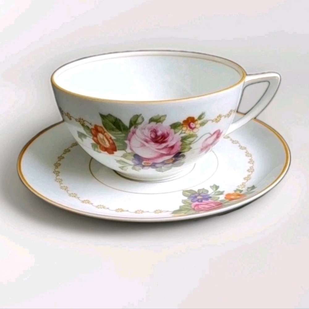 Antique Tea Cup & Saucer Set Early 1900s Floral Gold Trim Rosenthal Selb Bavaria